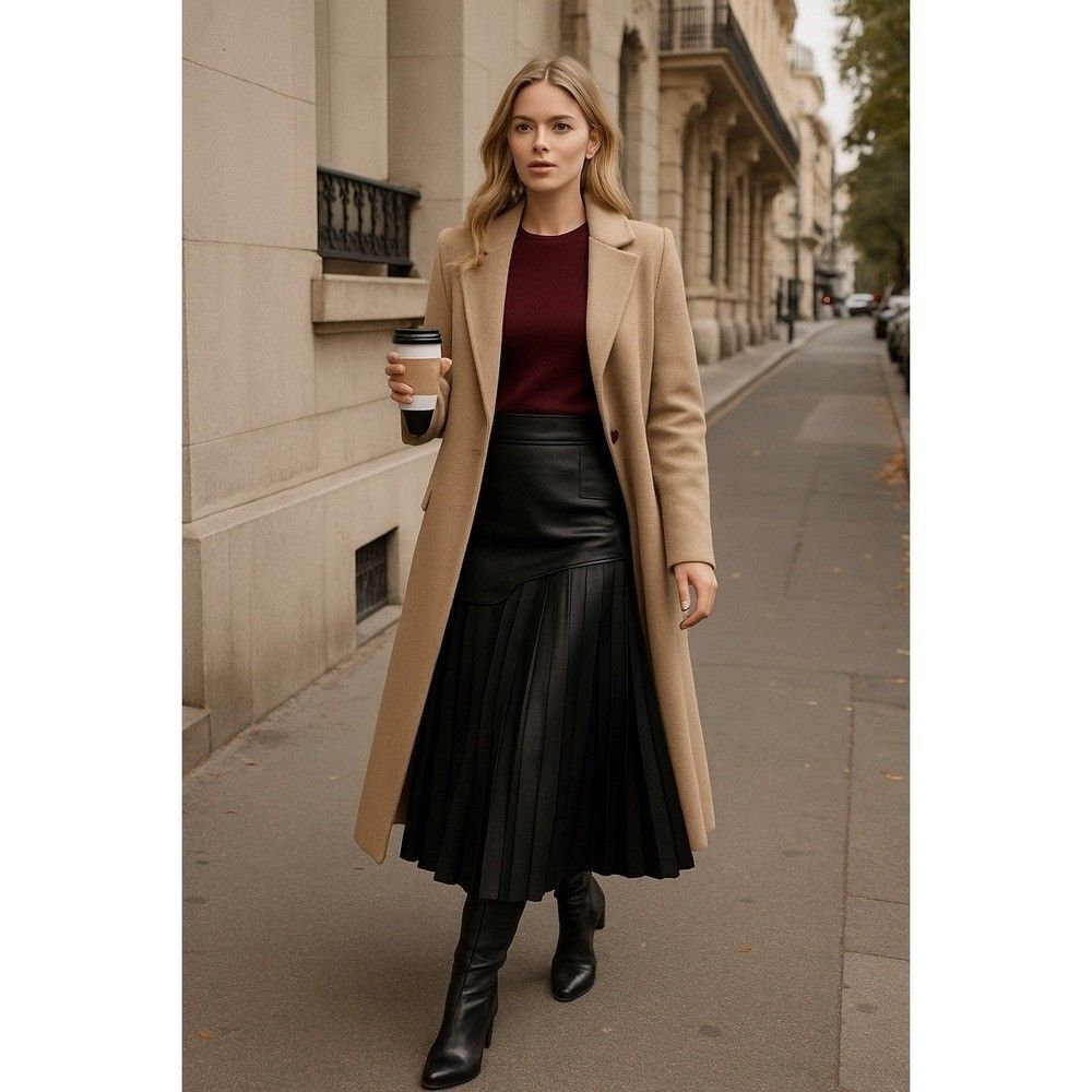 Commense Asymmetric Patchwork Faux Leather Chiffon Pleated Maxi Skirt Black L